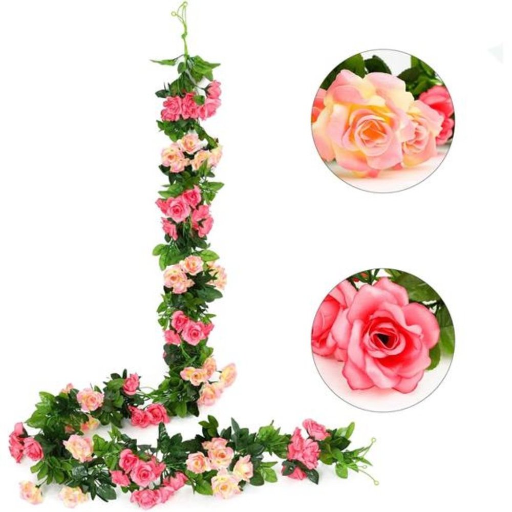 Artificial Rose Garland Vines Pink Flowers Hanging Silk Rose Vine, Pink-a